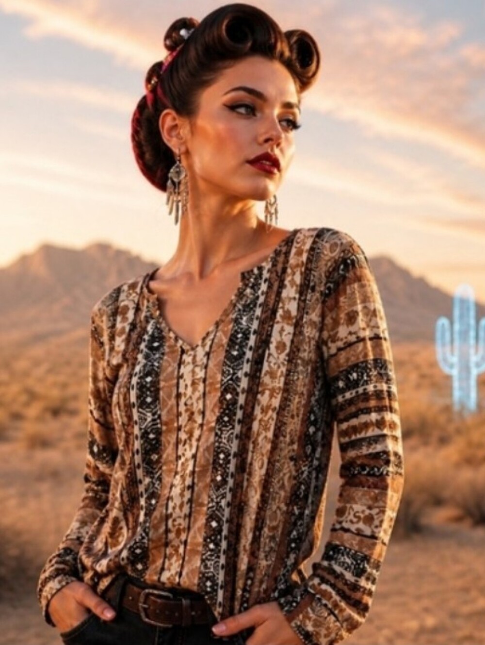 Daytrip Brown Multi Striped V-Neck Long-Sleeve Blouse